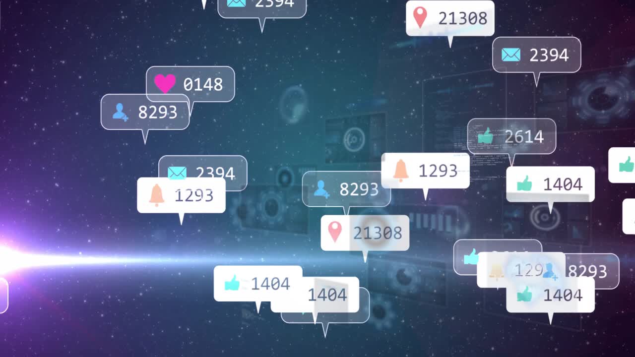 After flare glowing, social callouts fading and drifting rightward, visualizing network growth