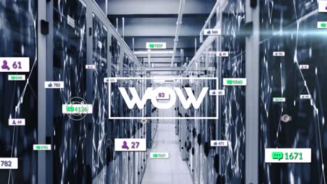 animation of wow text and numbers growing over server room