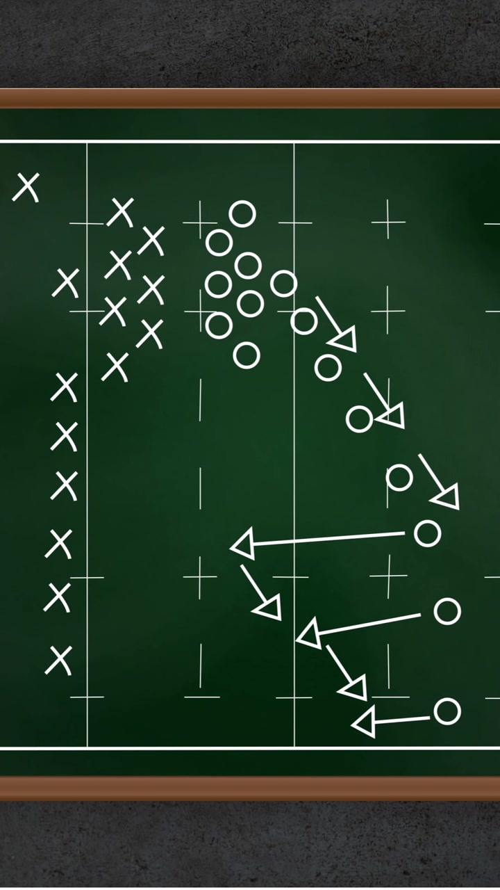Football strategy diagram animation over green chalkboard background