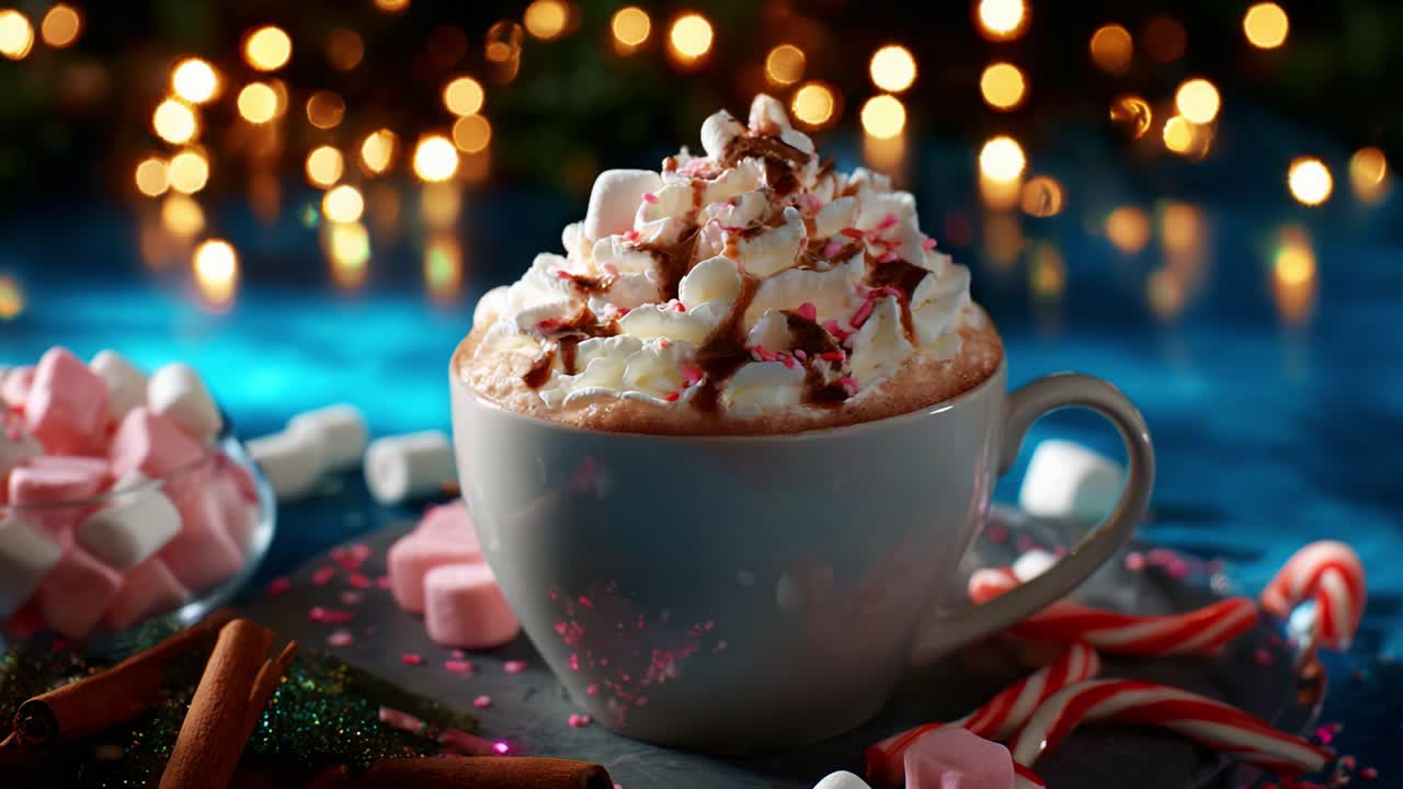 A Warm and Cozy Holiday Beverage: Indulgent Hot Chocolate Topped with Fluffy Whipped Cream, Colorful Sprinkles, and a Side of Sweet Marshmallows, Perfectly Set Against a Twinkling Festive Backdrop