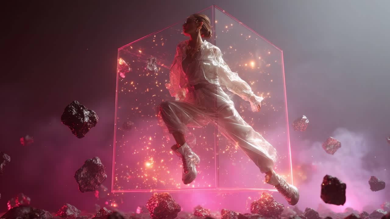 A captivating moment of ethereal movement captured in the air, surrounded by glowing cosmic elements, where the dancer defies gravity in an extraordinary display of artistry and creativity
