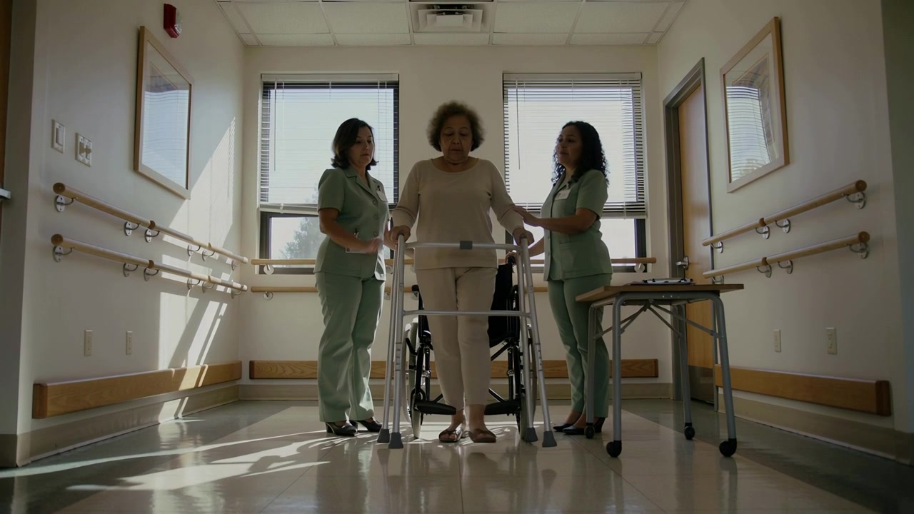 Rising patient in rehab hall on nurses in scrubs cue, using walker from wheelchair for mobility