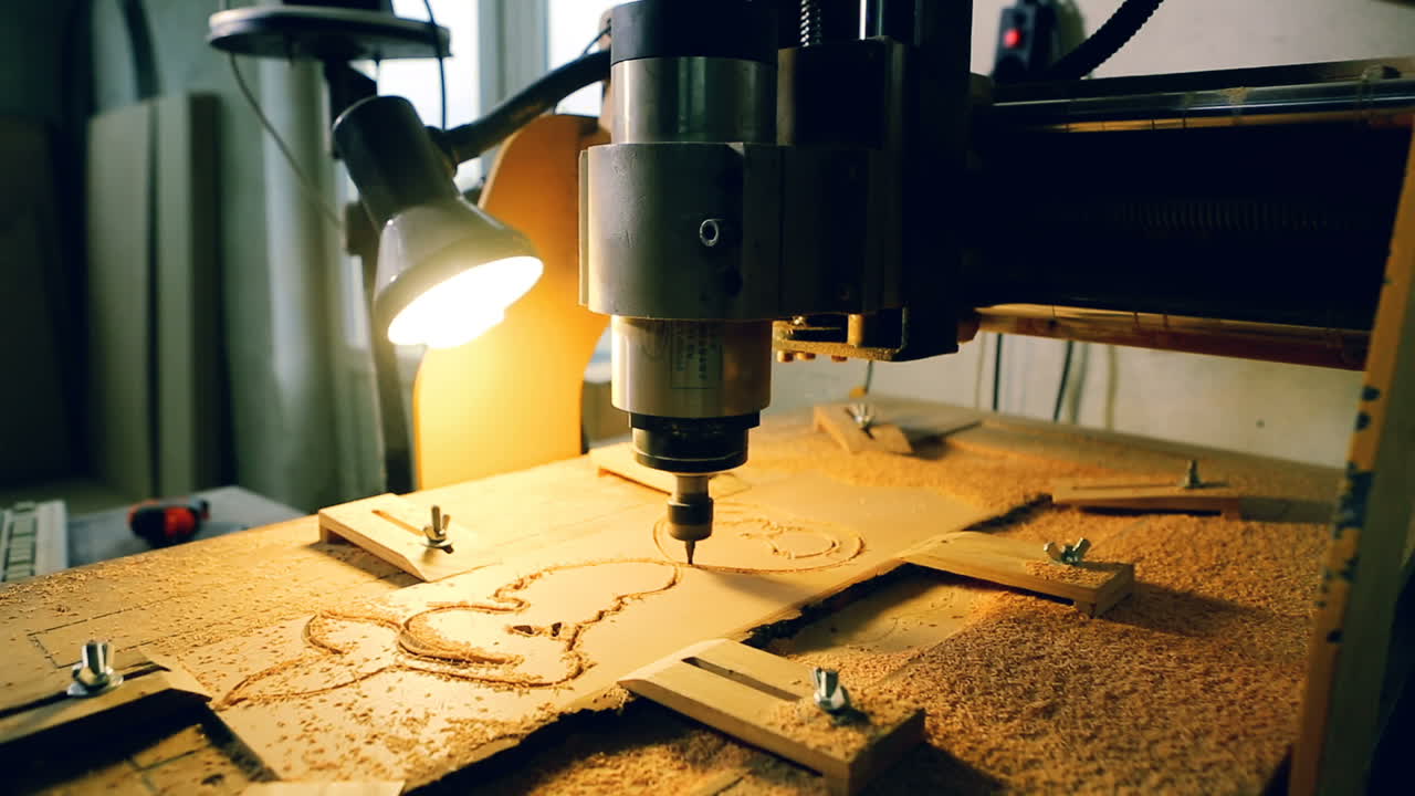 Cnc Drill Is Drilling On The Wooden Plank. In the woodworkers shop the cnc drill is drilling on the wooden plank