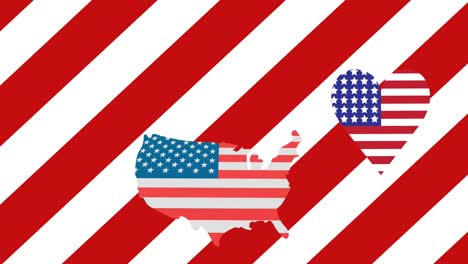 Animation-of-america-map-and-heart-with-usa-flags-over-red-and-white-striped-background