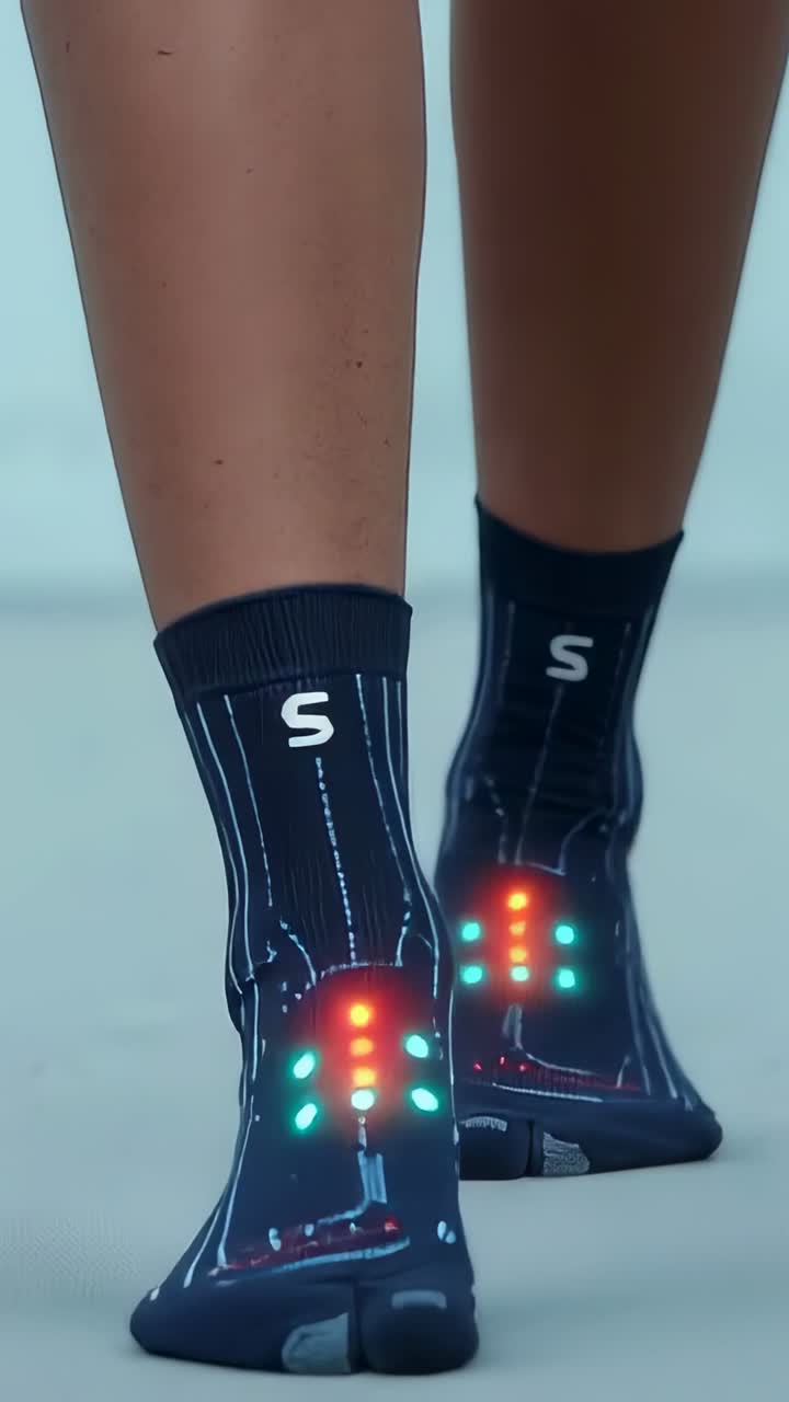 Vertical video: Weight shifting causing walker stepping across studio floor with LED socks pulsing