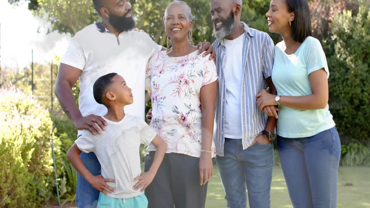 Family moving for portrait on sunlit lawn, camera zooming and animated guides highlighting faces