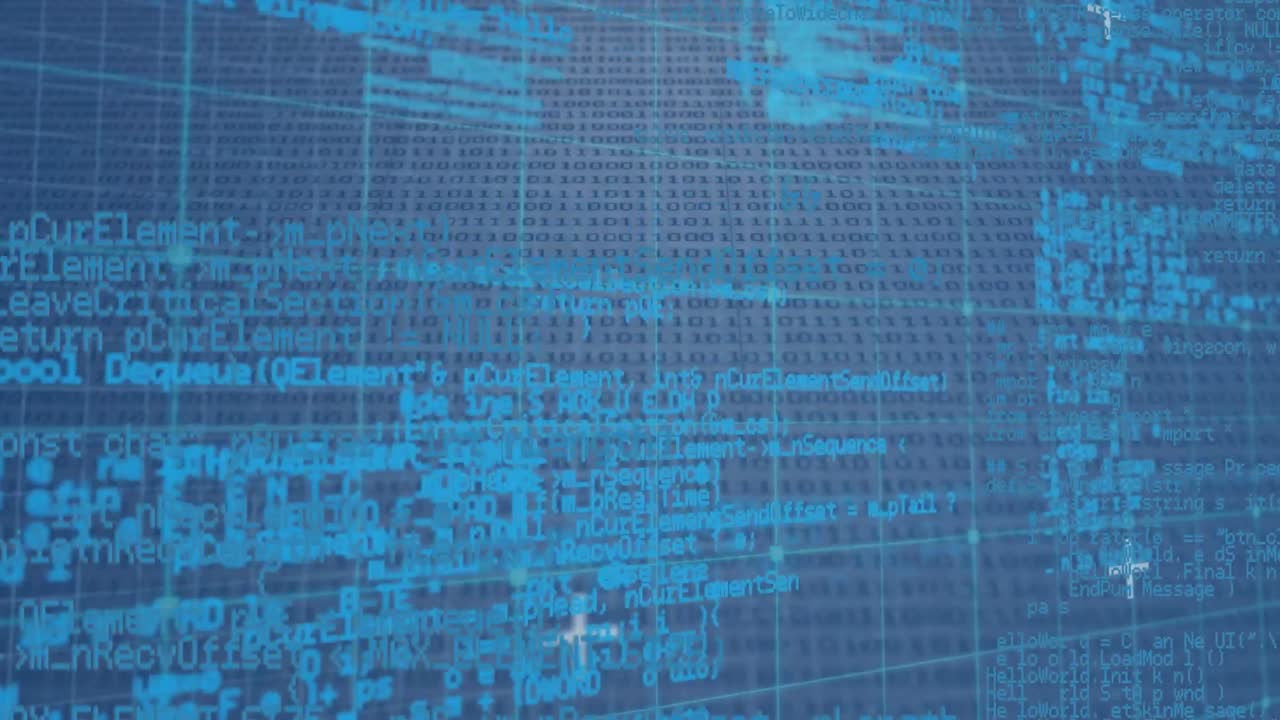 animación del procesamiento de datos a través de la red de red contra la codificación binaria en fondo azul