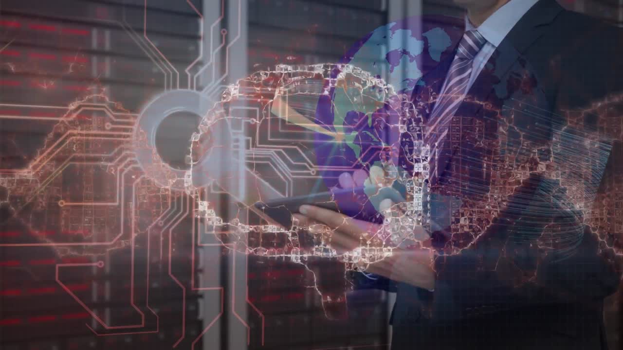 Animation of brain, man using tablet and processor