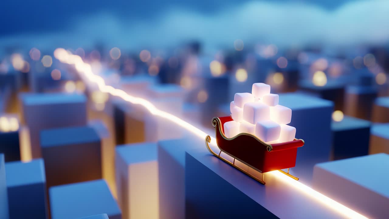 A vibrant digital scene featuring a festive sleigh filled with glowing cubes, gliding smoothly over an illuminated path through a dreamy urban landscape, evoking holiday cheer and magical adventure