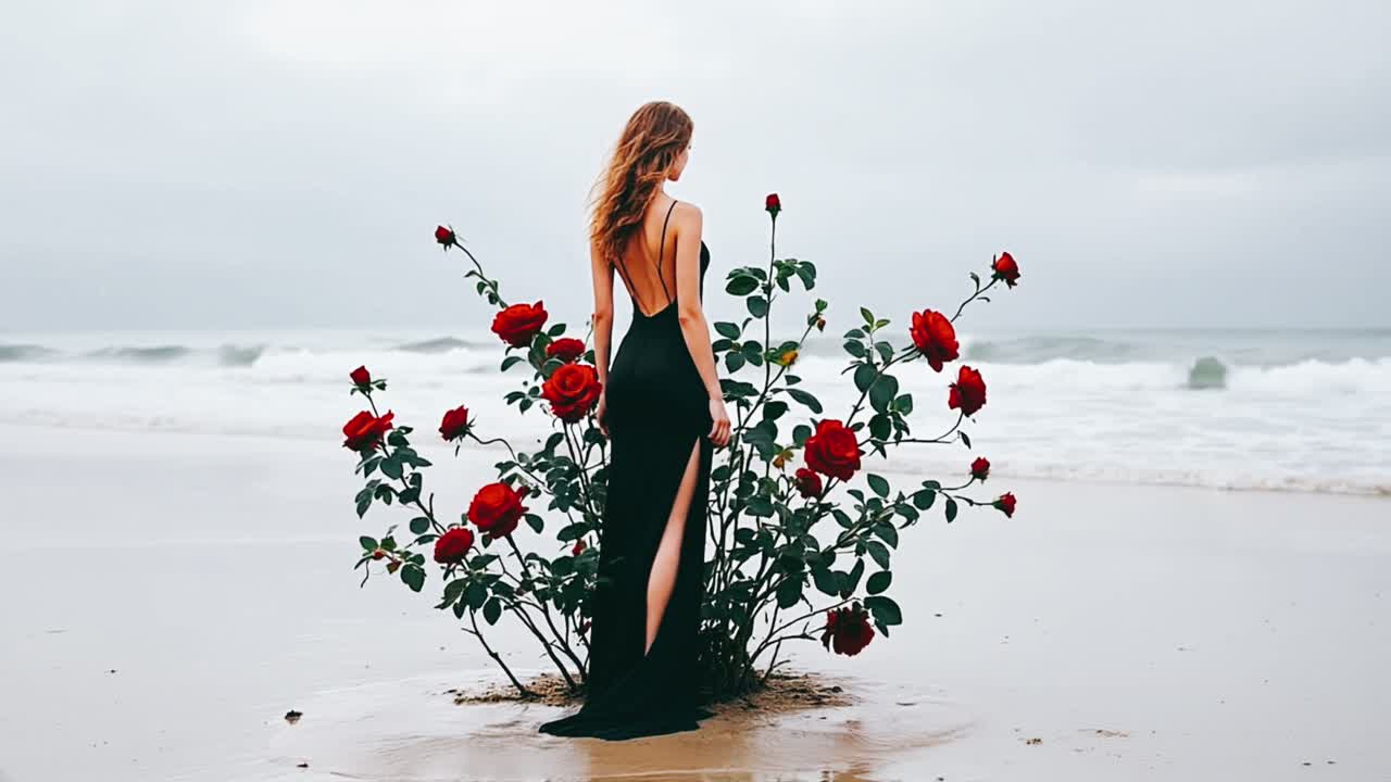 Woman in Black Dress at the Beach with Red Roses