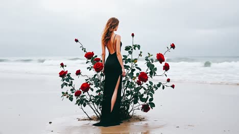 woman in black dress at the beach with red roses