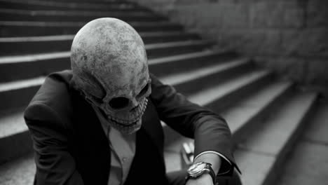 man in skull mask on stairs