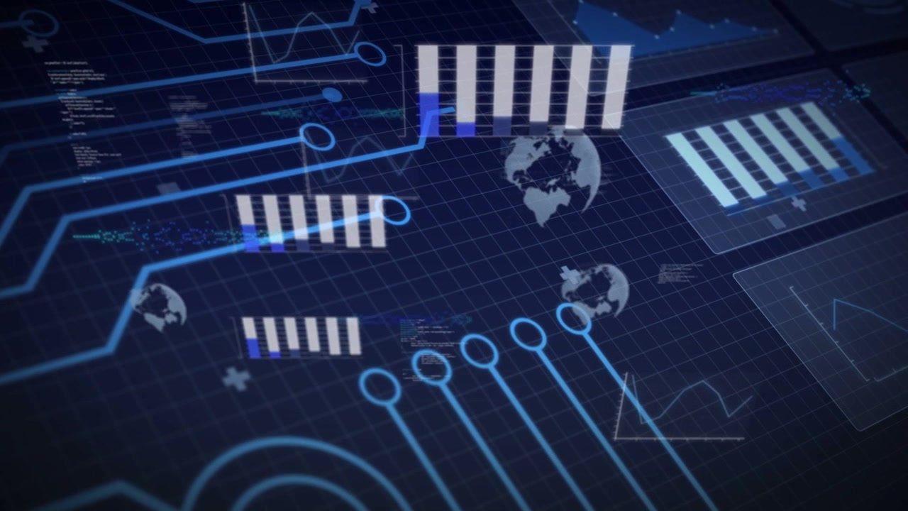 Left-edge circuit lines entering holographic dashboard updating bars pulsing nodes visualizing data