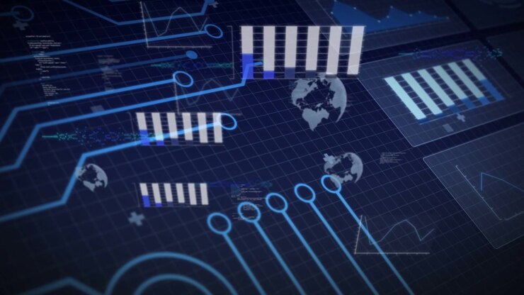 Left-edge circuit lines entering holographic dashboard updating bars pulsing nodes visualizing data