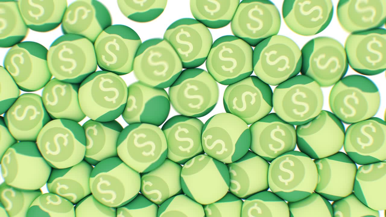 bolas divertidas dólares cayendo y dinero de juguete llenan la pantalla. concepto financiero, económico y de negocios. juguetes suaves fondo abstracto con pantalla verde animación 3d