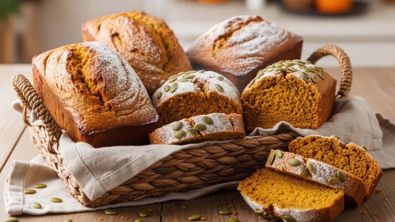 Deliciously Baked Pumpkin Bread: A Charming Display of Freshly Made Loaves Perfect for Autumn Gatherings and Cozy Moments with Family and Friends