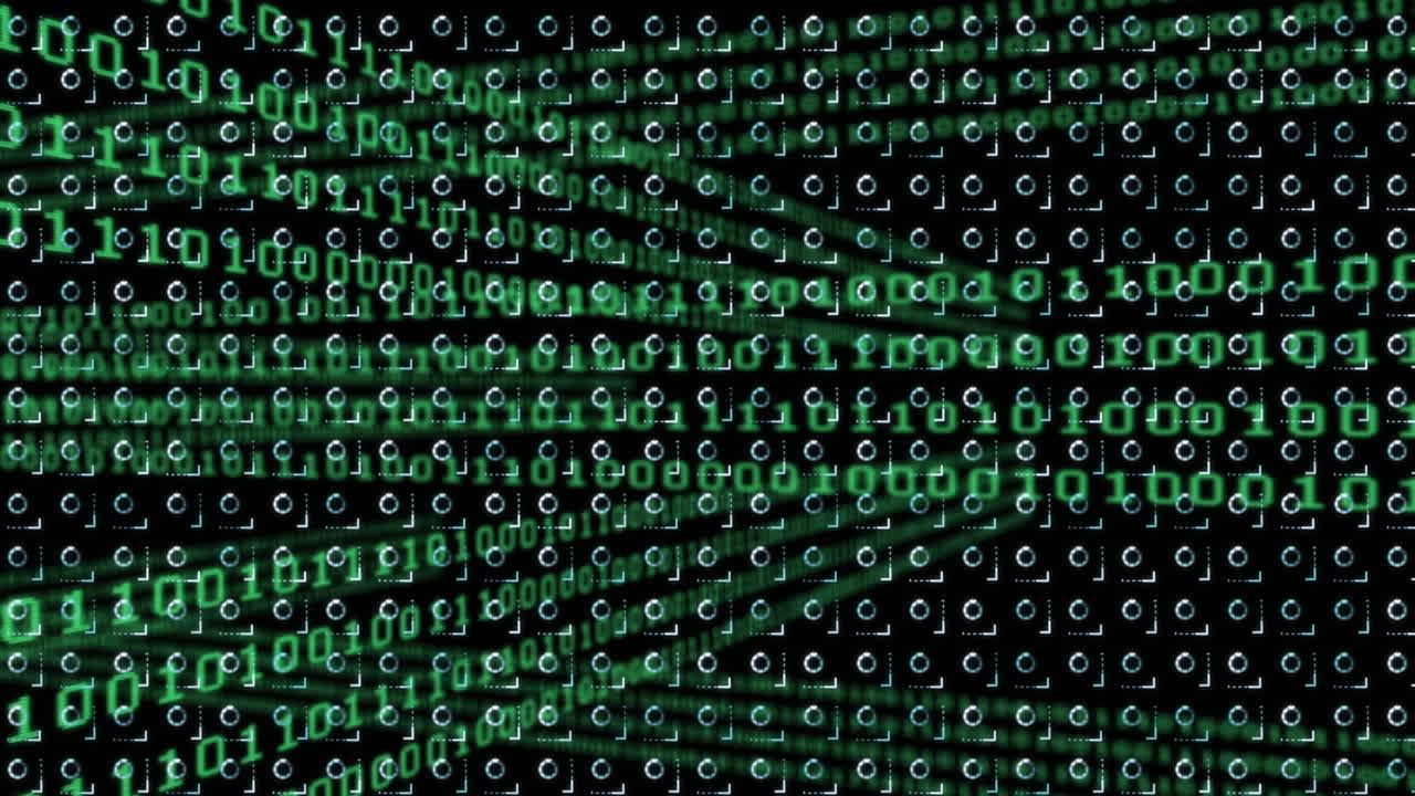 Animation of rows of pattern spinning over binary coding and data processing
