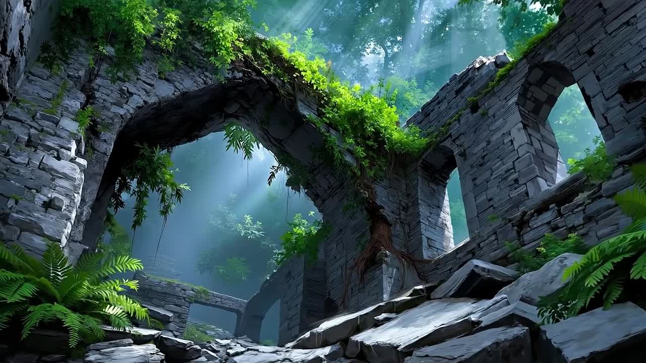 A stone archway in the middle of a forest filled with trees and plants