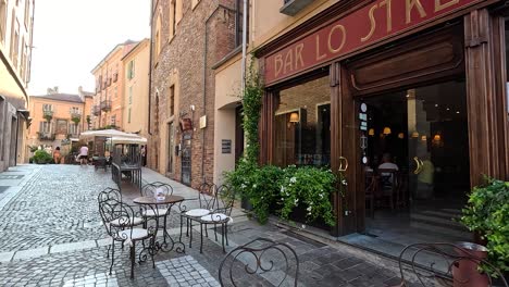 cobblestone street with a charming restaurant