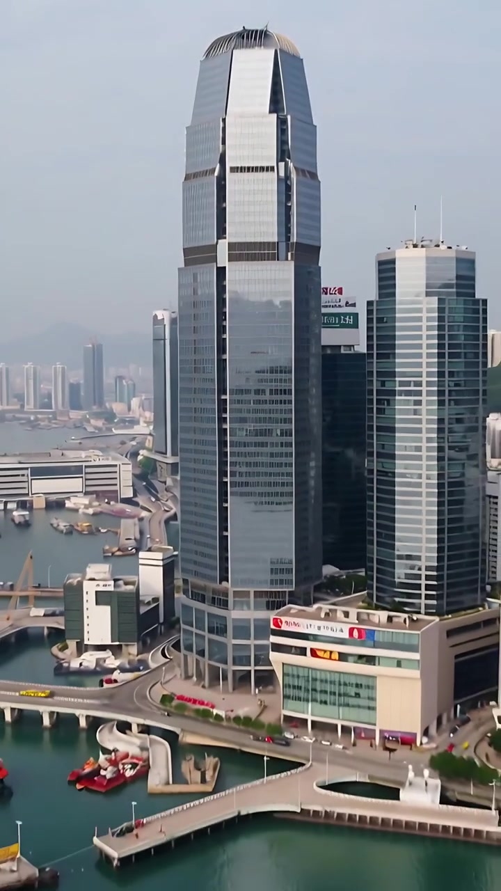 Vertical video: Pulling back drone revealing glass tower at harbor after closeup on curtain wall