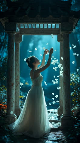 ethereal woman in white dress in an enchanted garden with falling petals