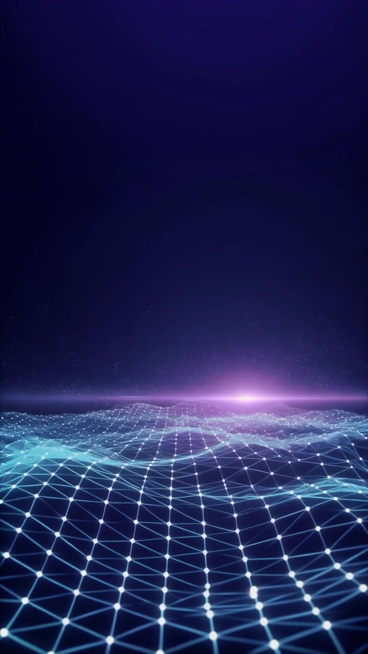 Paesaggio di Rete Digitale Astratto con Nodi e Onde Luminosi