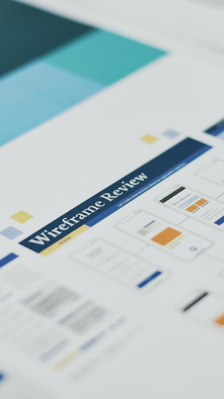Primo piano di un documento di revisione wireframe per il design di un'app mobile