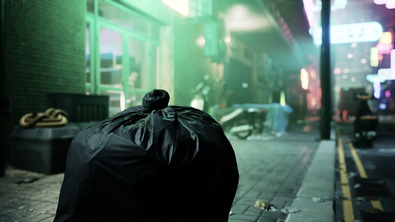 밤 에 거리 모이 에 있는 쓰레기 가방