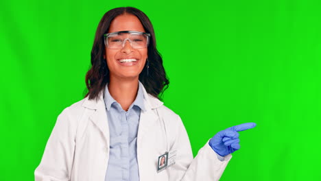 Green-screen,-face-and-woman-scientist-with-hand