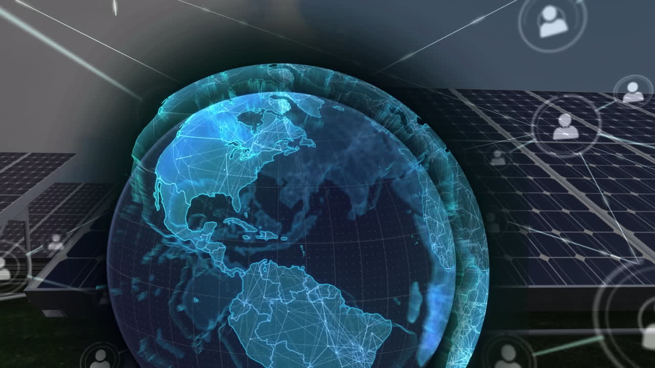 태양 전지판 위에 네트워크 및 사람 아이콘과 함께 지구의 애니메이션