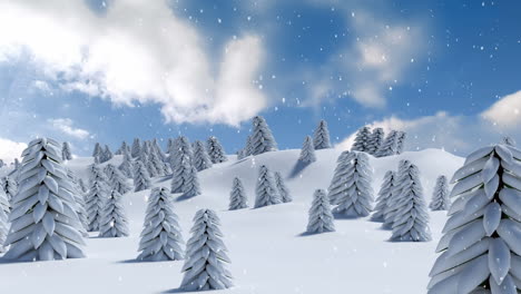 animation of winter scenery with snow falling and fir trees covered in snow
