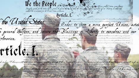 military personnel standing, constitution text animation over blue sky background