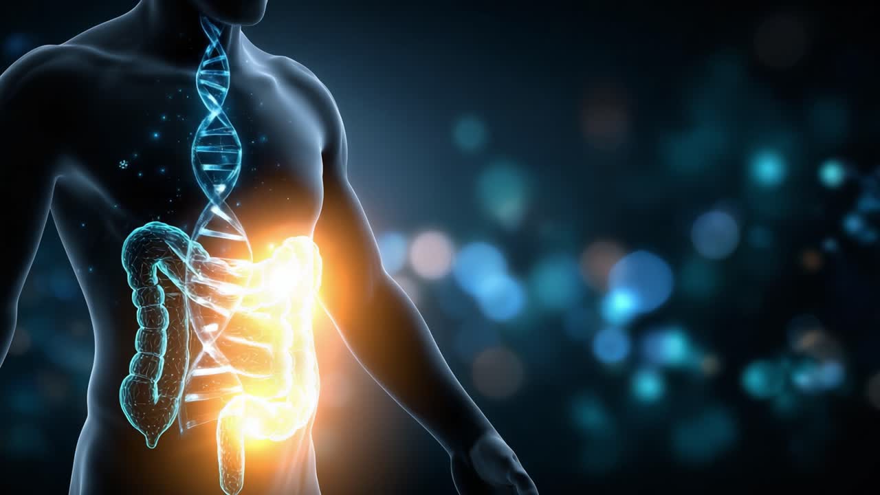Una visualización dinámica del sistema digestivo humano con representación de ADN, mostrando un intestino luminoso en un contexto futurista.