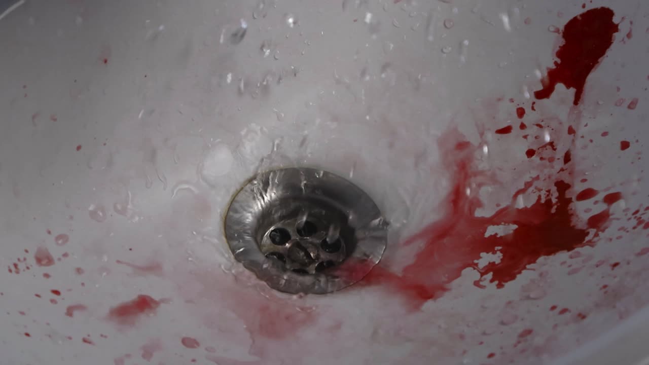 Close up view of dark red colored paint or blood being washed away by running water under a white colored bathroom sink in slow motion. Water splashing around, and bloos spatter visible flying