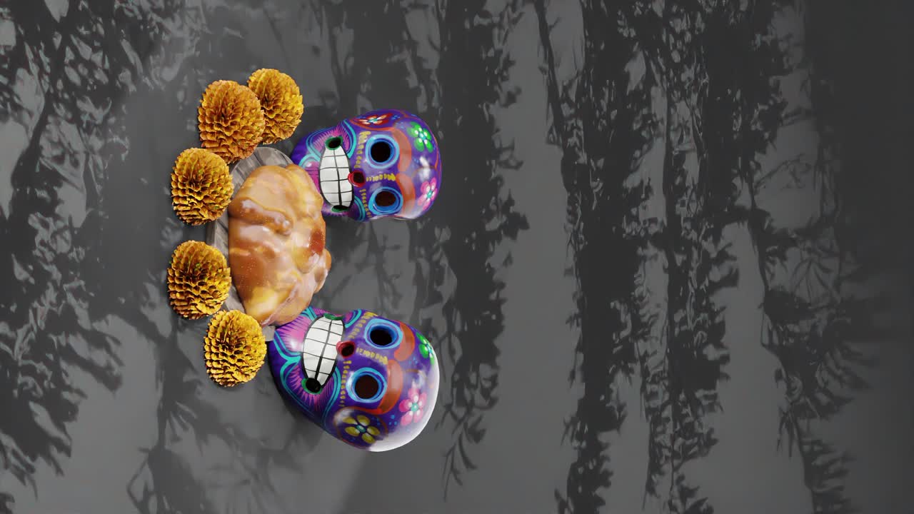 Video verticale, festività messicana del Giorno dei Morti, calaveras e fiori, nero