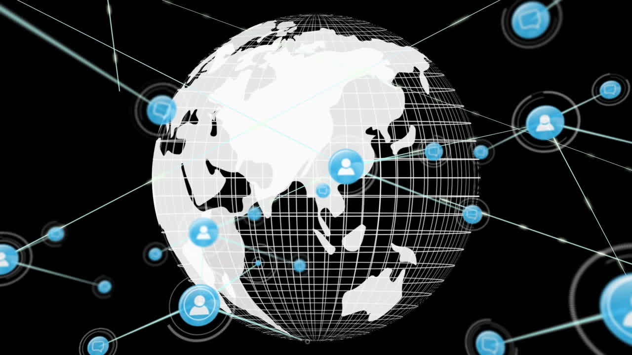 анимация сети соединений с иконами и глобусом на черном фоне