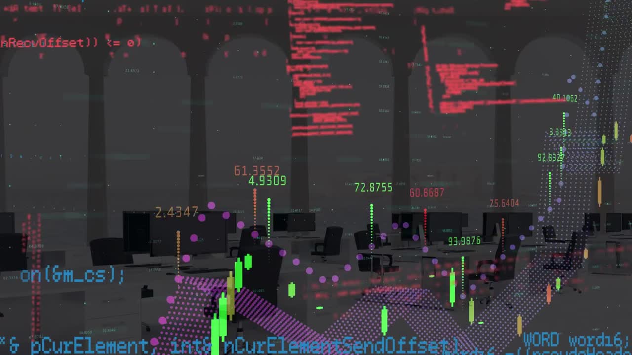 진전을 나타내는 선 그래프를 통해 루프로 움직이는 디지털 컴퓨터 언어의 애니메이션