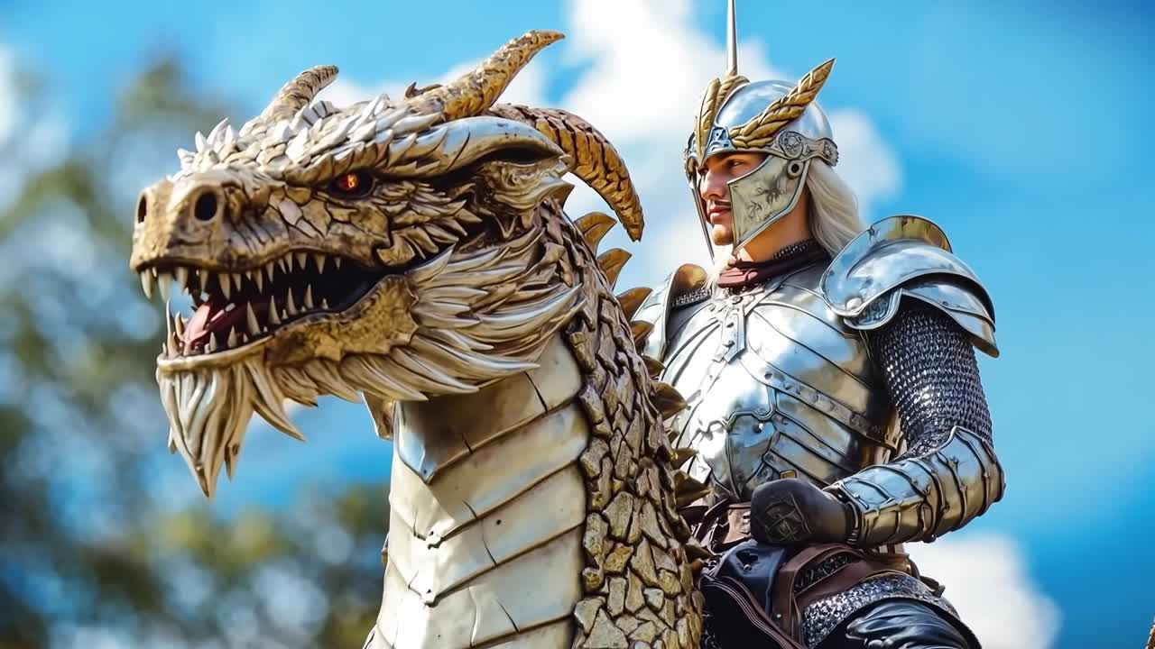 un hombre en armadura montado en la espalda de un dragón