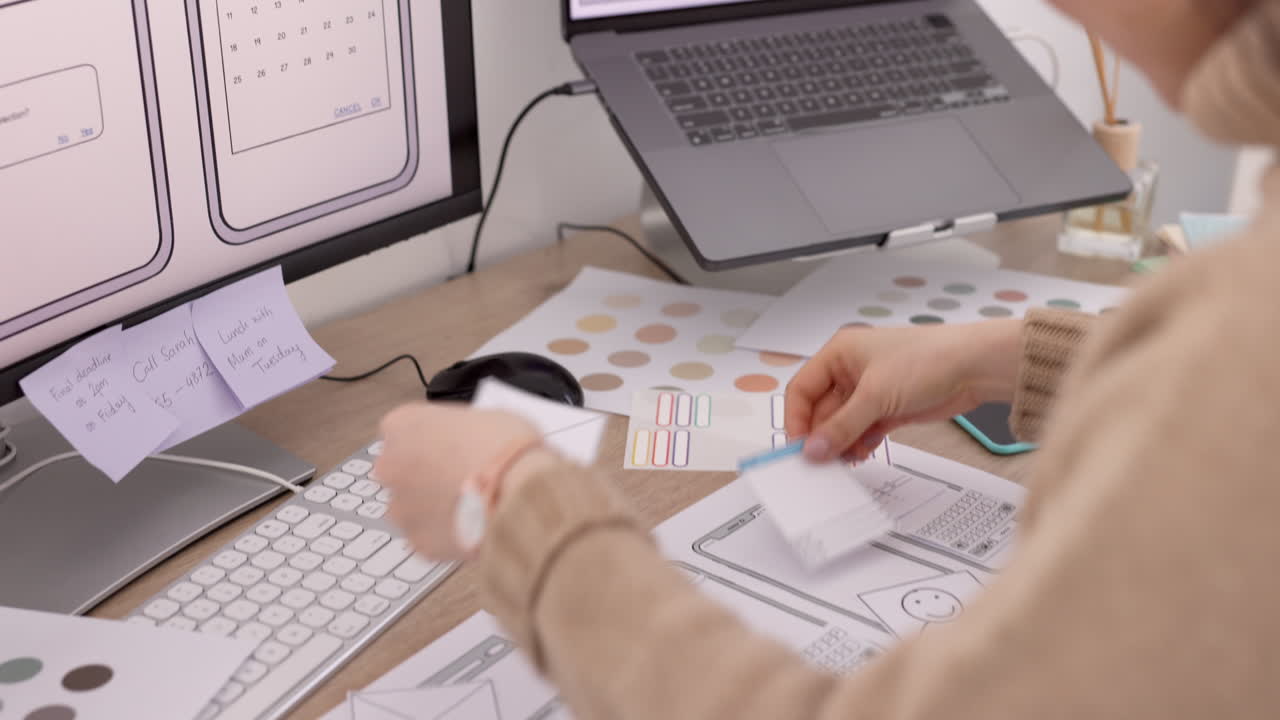 UX design, mobile app and woman hands planning