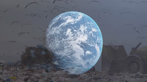 Animation-Eines-Globus-über-Einem-Bulldozer-In-Einer-Mülldeponie
