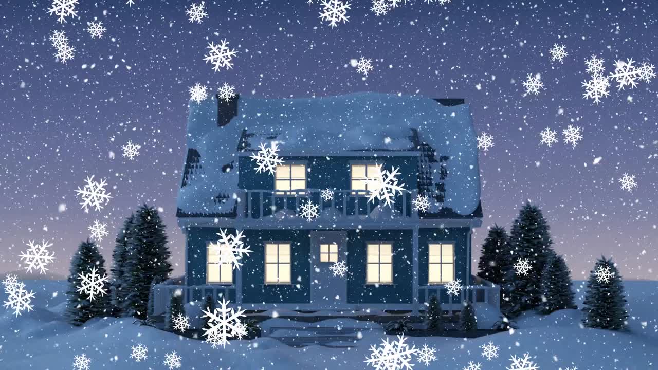 겨울 풍경에 집 위에 떨어지는 눈송이의 디지털 애니메이션