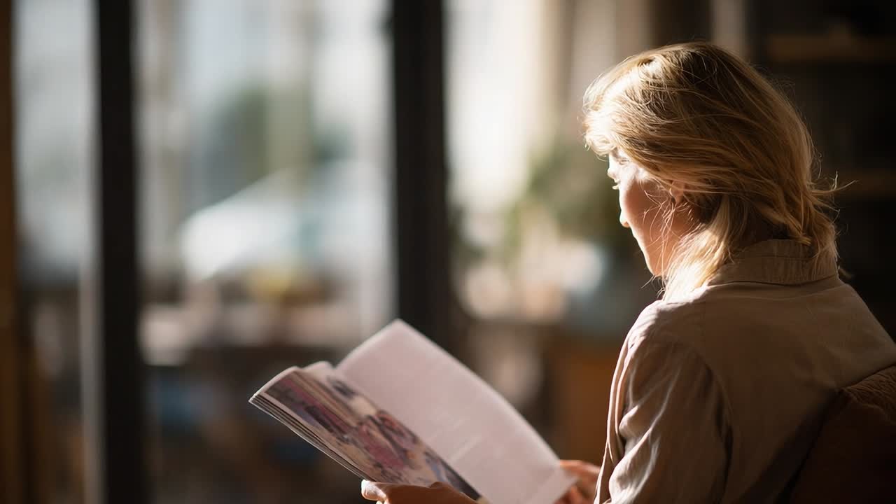 Frau liest in einem gemütlichen, sonnendurchfluteten Innenraum eine Zeitschrift