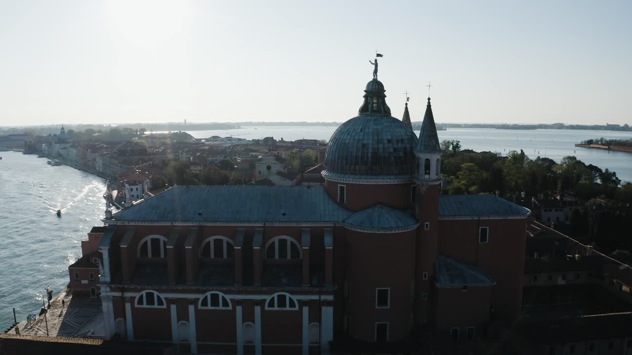 Aerial view of Chiesa del Santissimo Redentore on a bright sunny day in Venice, Italy