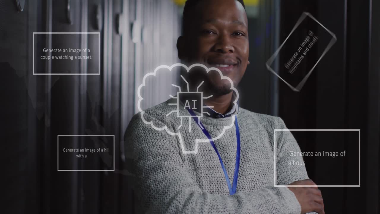 animación de texto, iconos y ingeniero informático y servidores informáticos afroamericanos