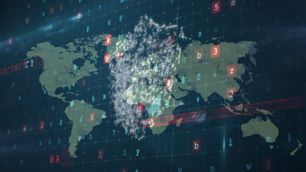 방패의 애니메이션, 디지털 데이터 처리 및 어두운 배경의 세계 지도