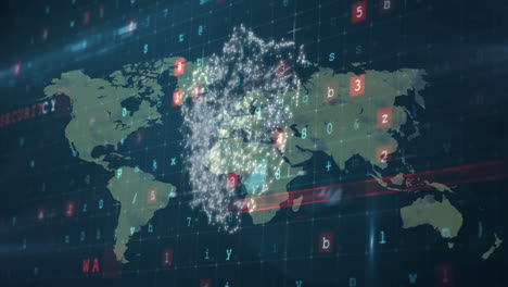 animation of shield, digital data processing and world map over dark background
