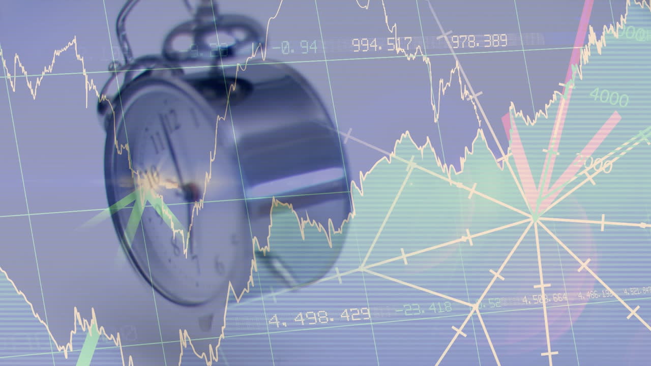 통계 및 금융 데이터 처리의 애니메이션 떨어지는 알람 시계