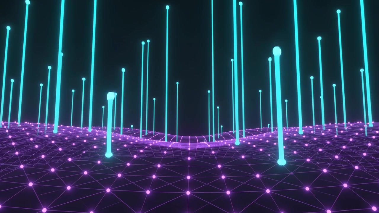 Growing magenta mesh central trough raising cyan pillars, animation starting in void, glowing caps
