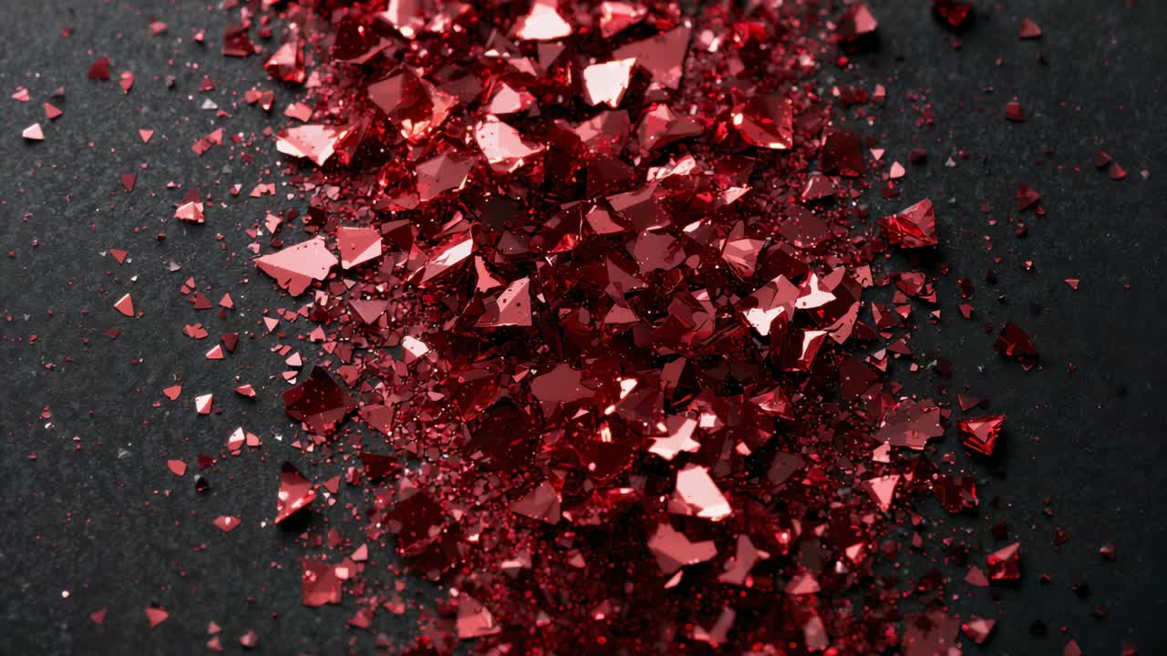 Showing reflective red shards shifting glints on dark surface, camera tightening, revealing facets