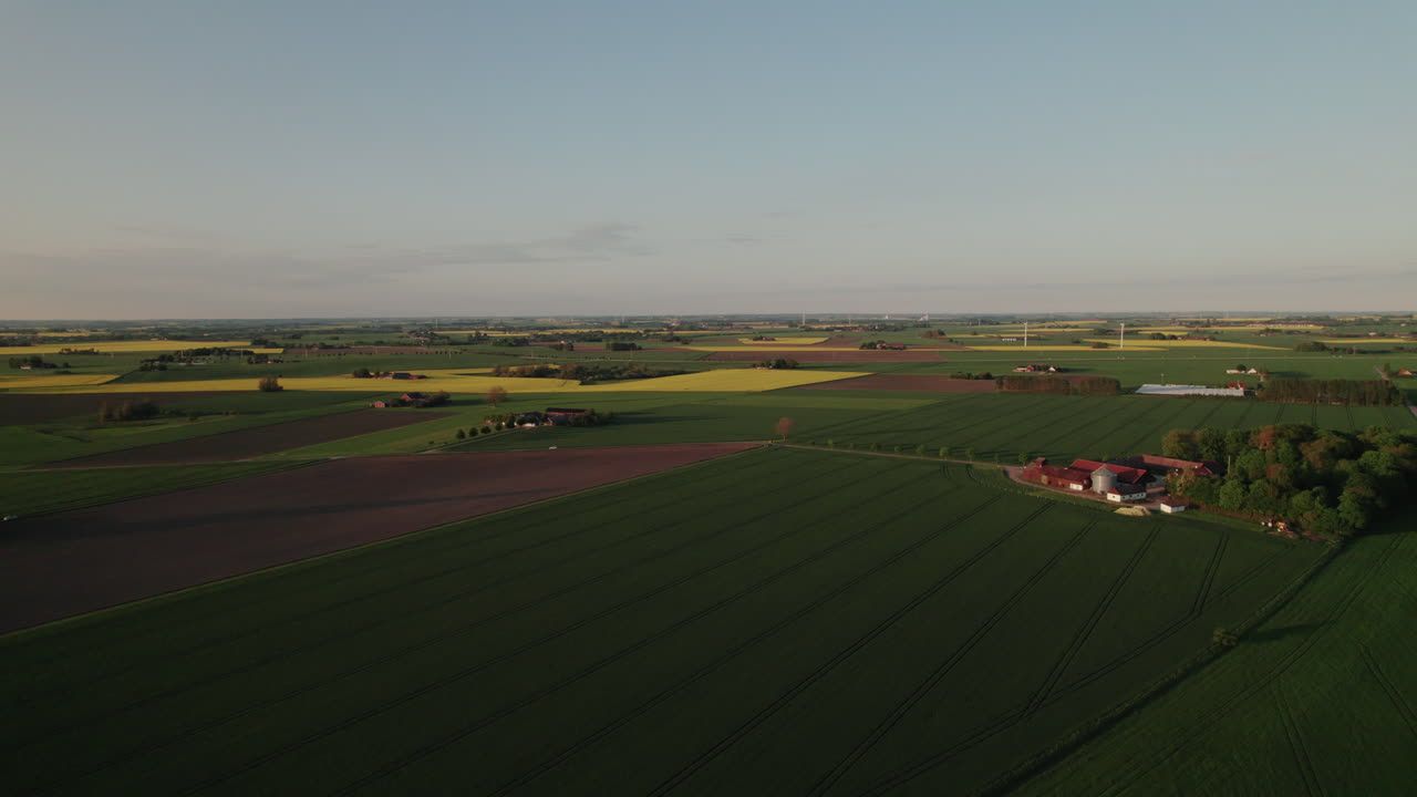Epic sunset landscape with farms and canola fields, Skåne, Sweden, aerial